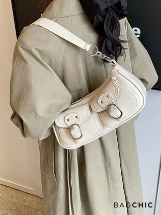 Ava - Buckle Accented Leather Crescent Bag