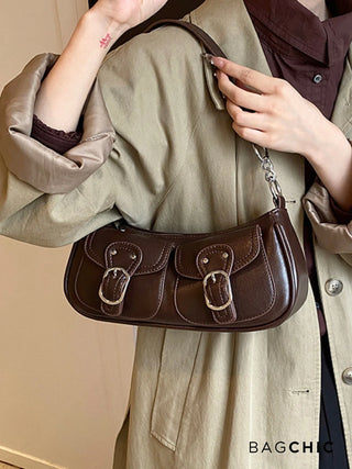 Ava - Buckle Accented Leather Crescent Bag