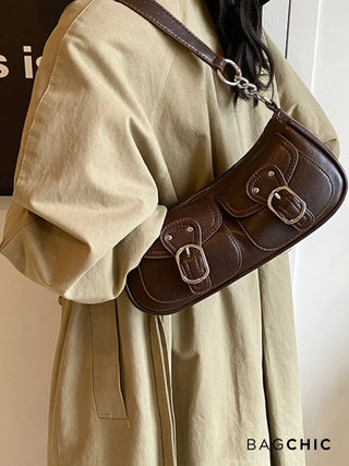 Ava - Buckle Accented Leather Crescent Bag