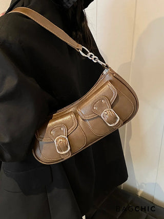 Ava - Buckle Accented Leather Crescent Bag