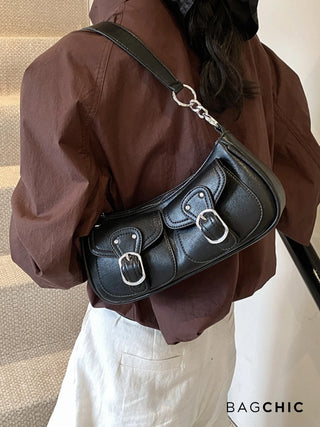Ava - Buckle Accented Leather Crescent Bag