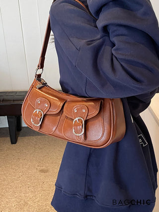 Ava - Buckle Accented Leather Crescent Bag