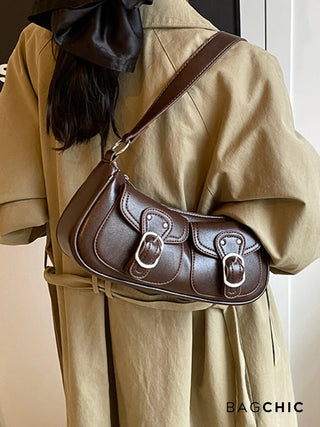Ava - Buckle Accented Leather Crescent Bag