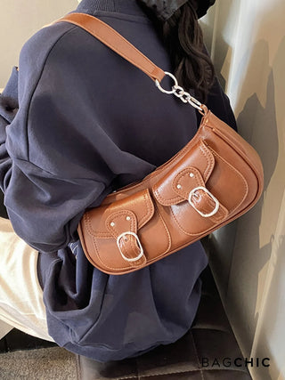 Ava - Buckle Accented Leather Crescent Bag