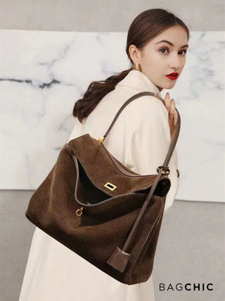 Ivy - Elegant Suede Satchel with Top Handle and Twist-Lock Closure
