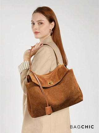 Ivy - Elegant Suede Satchel with Top Handle and Twist-Lock Closure