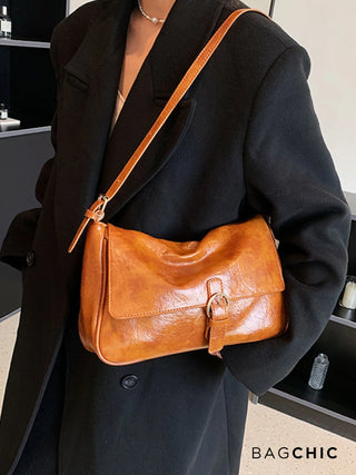 Hannah - Leather Buckle Accent Shoulder Bag