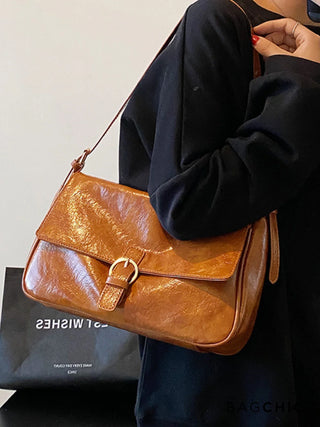 Hannah - Leather Buckle Accent Shoulder Bag