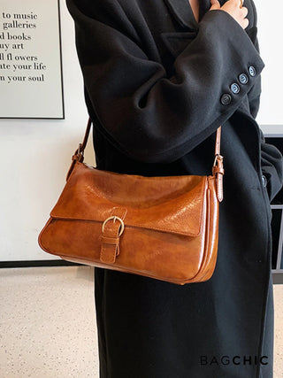 Hannah - Leather Buckle Accent Shoulder Bag