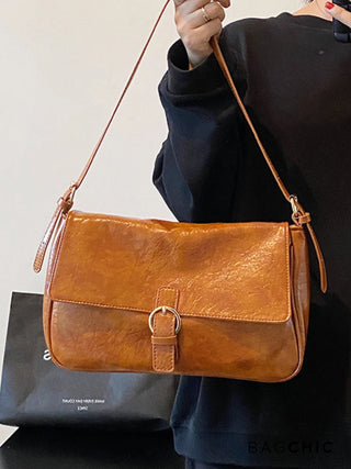 Hannah - Leather Buckle Accent Shoulder Bag