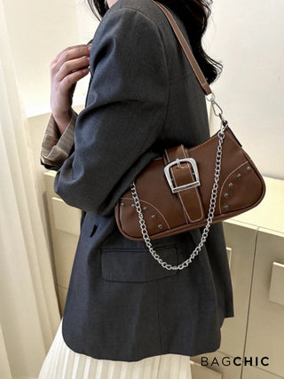 Valentina - Leather Buckle Detail Chain Shoulder Bag