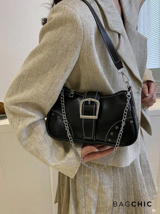 Valentina - Leather Buckle Detail Chain Shoulder Bag