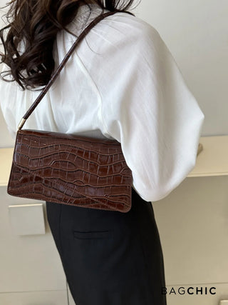 Naomi - Glossy Crocodile-Pattern Envelope Shoulder Bag