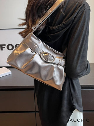 Aubrey - Shiny Leather Oval Buckle Shoulder Bag