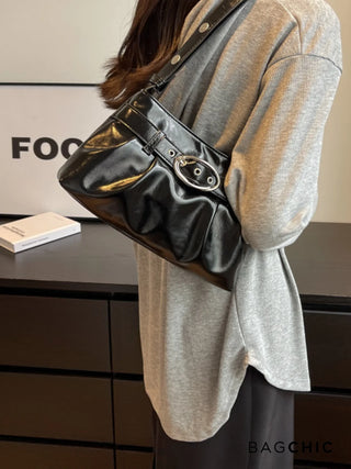 Aubrey - Shiny Leather Oval Buckle Shoulder Bag