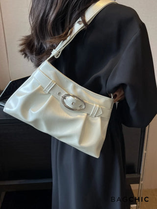 Aubrey - Shiny Leather Oval Buckle Shoulder Bag