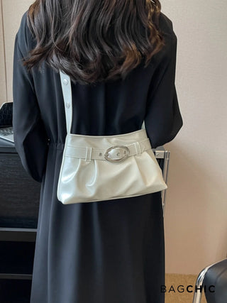 Aubrey - Shiny Leather Oval Buckle Shoulder Bag