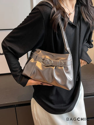 Aubrey - Shiny Leather Oval Buckle Shoulder Bag