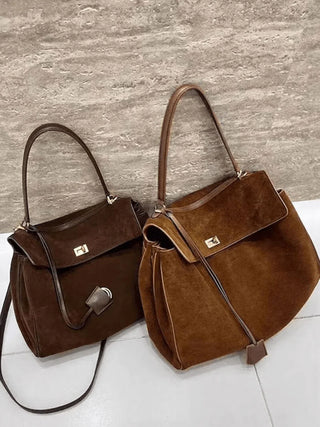 Ivy - Elegant Suede Satchel with Top Handle and Twist-Lock Closure