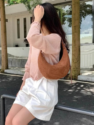 Melanie - Suede Crescent Shoulder Bag with Soft Buckle Detail