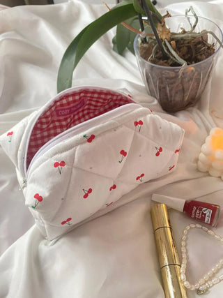 Liliana - Quilted Cotton Cherry Print Cosmetic Bag